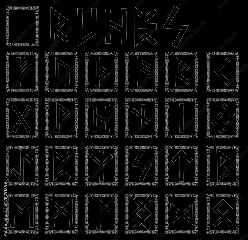 Runes. Alphabet on black background in the form of symbols with ornaments in the Celtic style. Vector. Runes. Alphabet on black background in the form of symbols with ornaments in the Celtic style. Vector.