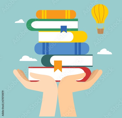Vector concept illustrations of World Book Day, Reading the books and Book festival in the flat style. Big hands holding books