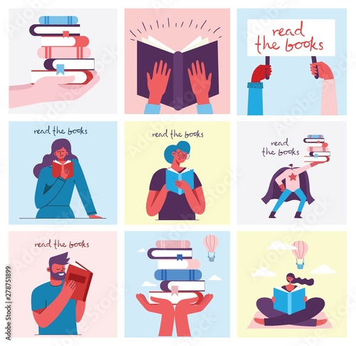 Vector concept illustrations of World Book Day, Reading the books and Book festival in the flat style. People sit, stand and walk and read a book