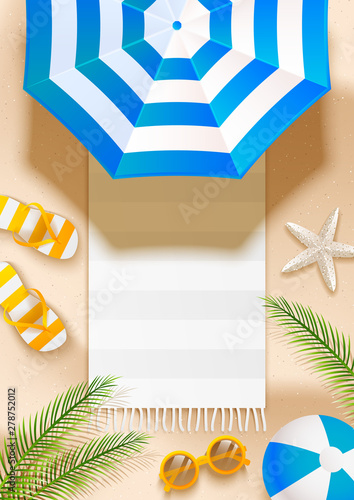 Summer beach vertical background with sun umbrella, flip flops, sunglasses, ball and palm leaves on sand