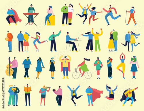 Vector illustration in a flat style of different activities people with smarthones, travelling, dancing, walking, doing business, reading books, playing musical instruments