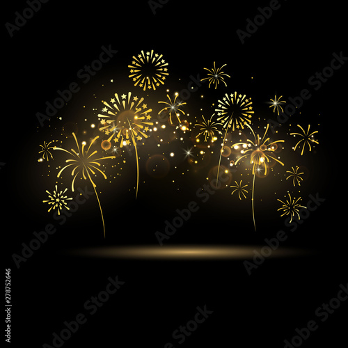 Celebration background template with fireworks gold ribbons. luxury greeting rich card.