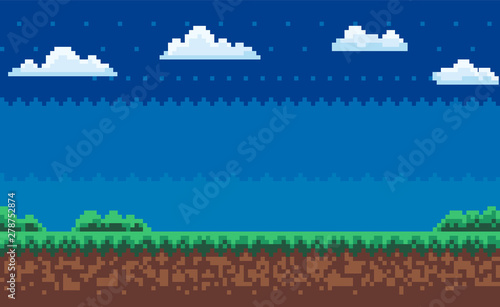 Nobody interface of pixel game platform, evening and sunset view, cloudy sky and green grass with bushes, adventure and level, computer graphic vector, pixelated nature for mobile app games