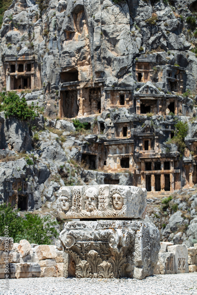 Archeological remains of the Lycian rock cut tombs in Myra, Turkey