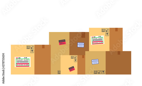 Set of box containing product vector, isolated delivering container with fragile emblem and adhesive tape flat style. Delivery and shipment of cargo, empty package boxing