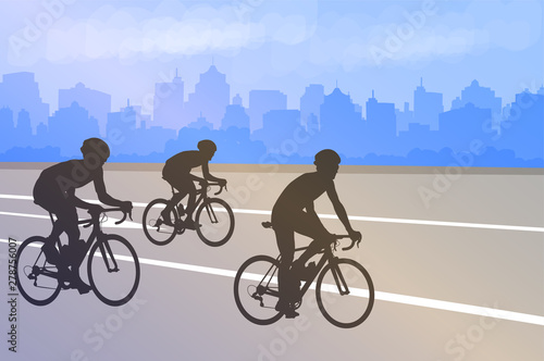 bicyclists silhouettes on the abstract city background