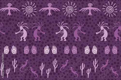 Folk, design with trickster god, swirl icons on human palm, sun, eagle.