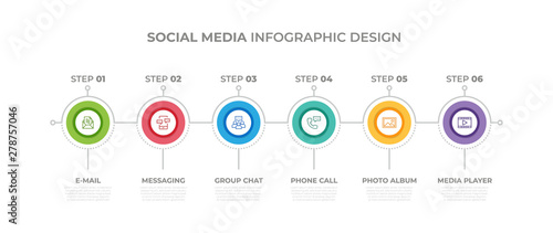 Modern design elements for Social Media concept Multicolor infographics.Timeline with 6 steps, options, Circles. Vector template