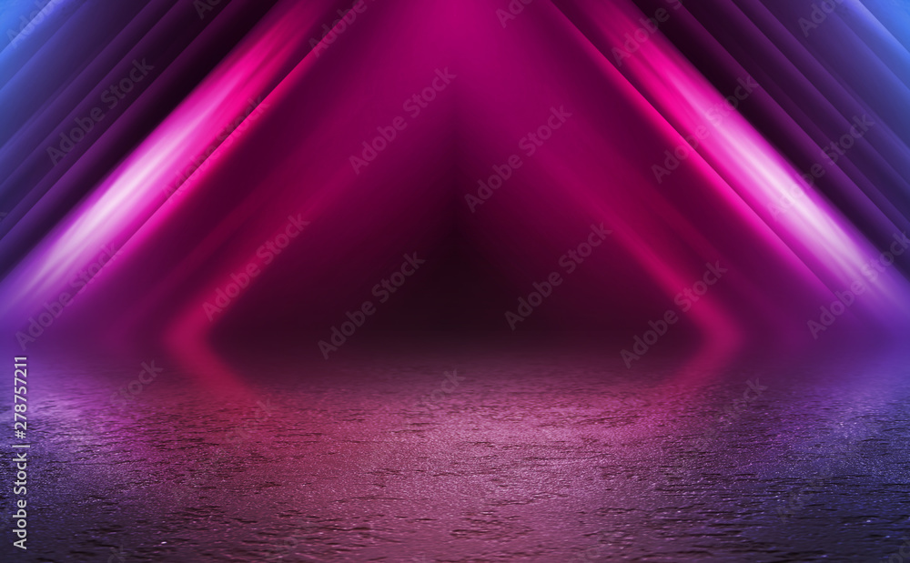 Obraz premium Empty background scene. Dark street reflection on wet asphalt. Rays of neon light in the dark, neon figures, smoke. Background of empty stage show. Abstract dark background.