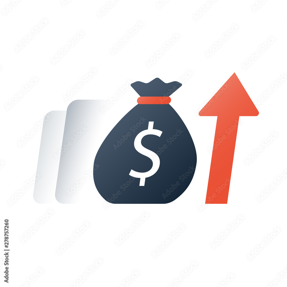 Obraz premium Business revenue growth, money sack in motion, more income, value investment, financial portfolio report, bond interest rate