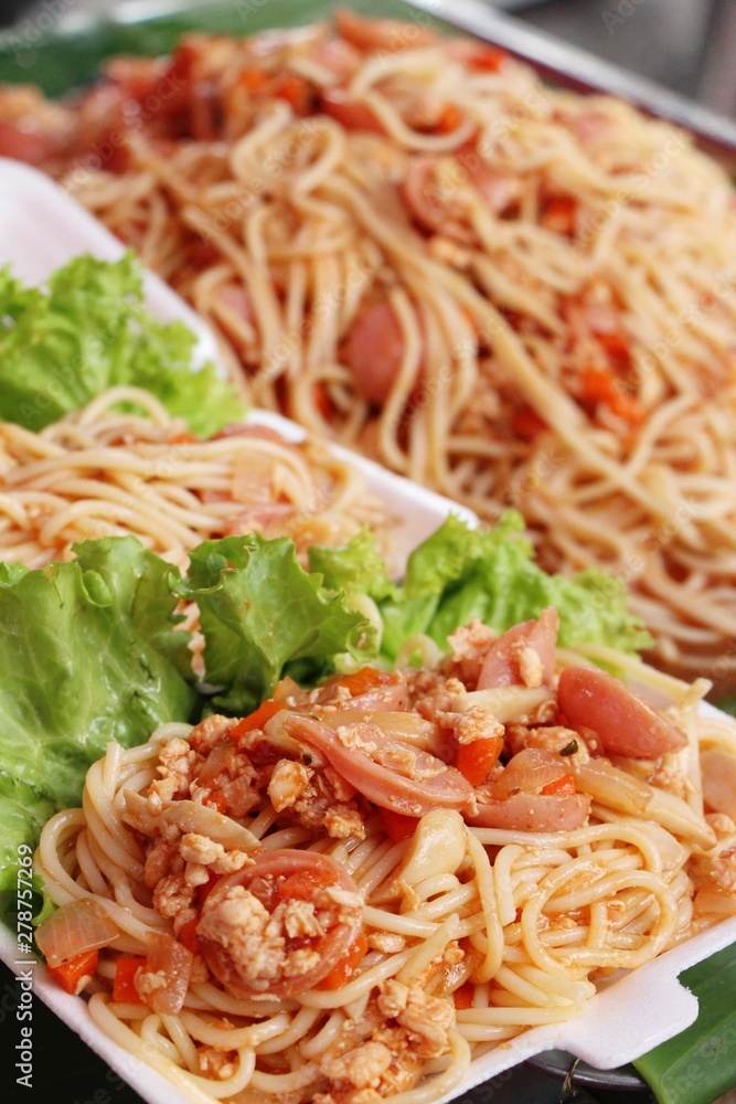 Spaghetti with pork delicious at street food Spaghetti with pork delicious at street food