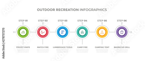 Modern design elements for Outdoor Recreation concept Multicolor infographics.Timeline with 6 steps, options, Circles. Vector template