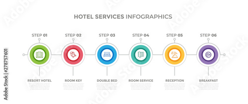 Modern design elements for Hotel Services  concept Multicolor infographics.Timeline with 6 steps, options, Circles. Vector template