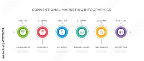 Modern design elements for Conventional Marketing concept Multicolor infographics.Timeline with 6 steps, options, Circles. Vector template