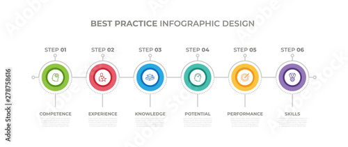 Modern design elements for Best Practice concept Multicolor infographics.Timeline with 6 steps, options, Circles. Vector template