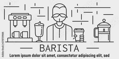 Barista coffee banner. Outline illustration of barista coffee vector banner for web design