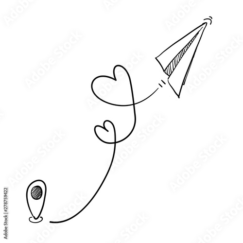 Love airplane route illustration vector in hand drawn doodle style