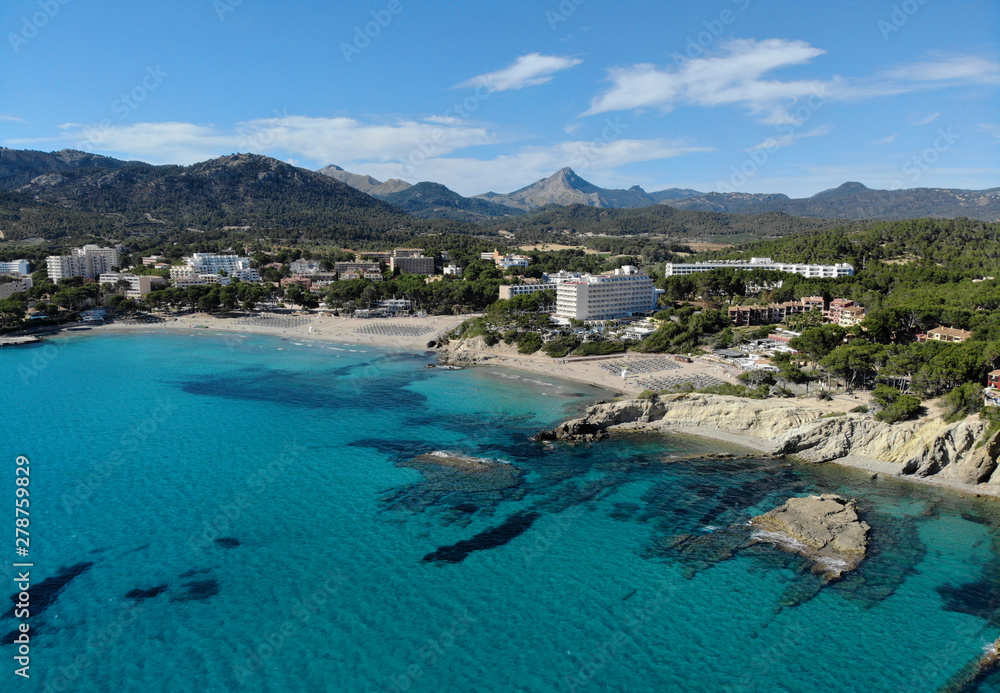 Obraz premium Aerial distant waterside view Peguera beach, Palma de Mallorca, Spain
