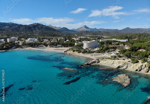 Aerial distant waterside view Peguera beach, Palma de Mallorca, Spain