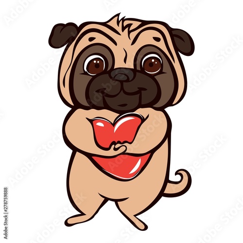 Pug red heart icon. Cartoon of pug red heart vector icon for web design isolated on white background