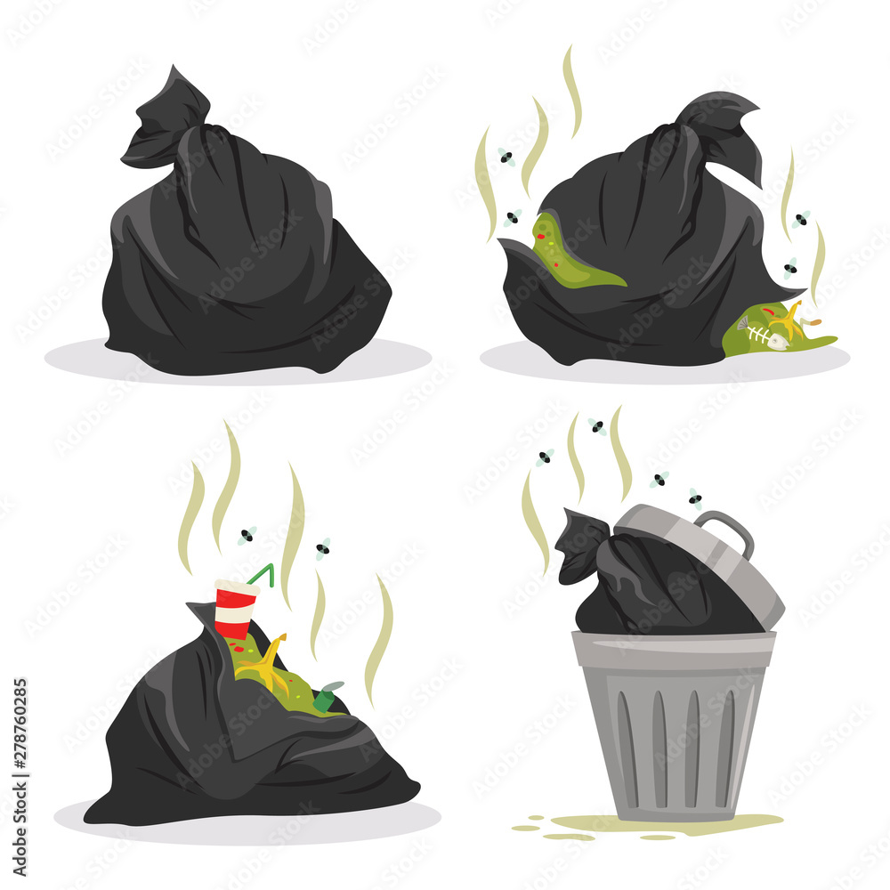 Fotografie Garbage bags with waste set, full litter containers