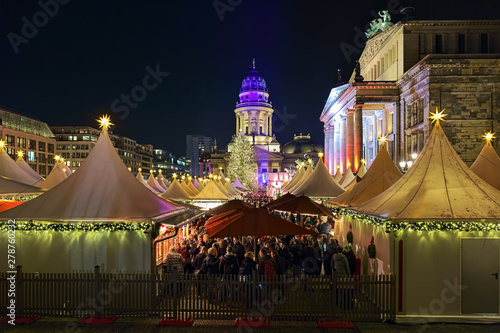 WeihnachtsZauber Gendarmenmarkt (Christmas Market at Gendarmenmarkt) in Berlin in night, Germany. This is the one of the most popular and amazing Christmas markets of Berlin.