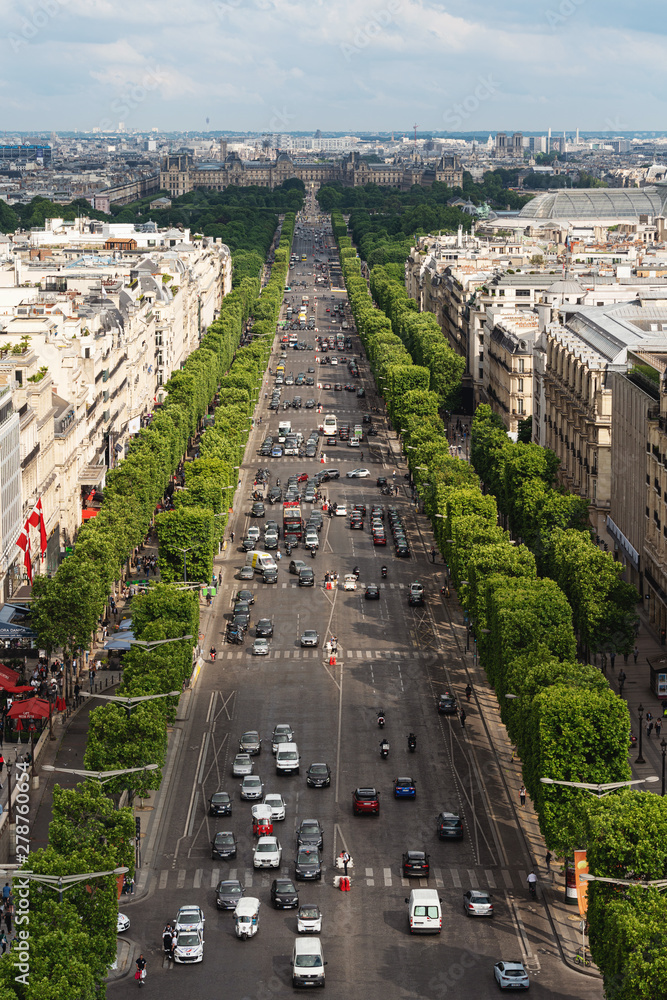 Landscape of Paris city in France with Champs Elysees street in summer