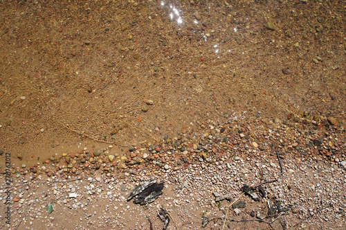 The sun is reflected from the sandy shore of the water.