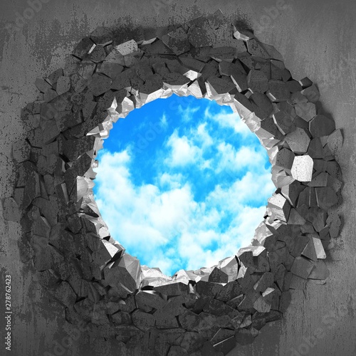   racked broken hole in concrete wall to cloudy sky