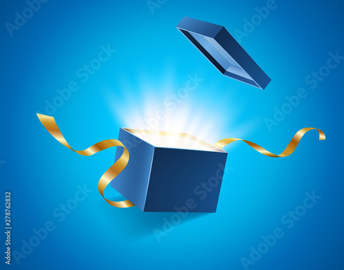 Blue opened 3d realistic gift box with magical shining glow and golden ribbons flying off cover, place for your text vector illustration