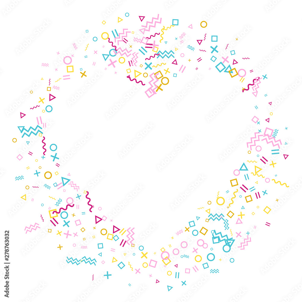 Memphis style geometric confetti vector background with triangle, circle, square shapes, chevron and wavy line ribbons. 