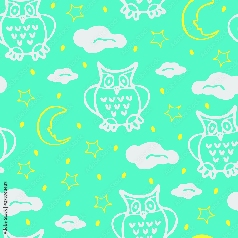 Cute owls seamless pattern in simple style with ornaments. Can be printed and used as wrapping paper, wallpaper, textile, fabric, etc. Blue wallpaper.
