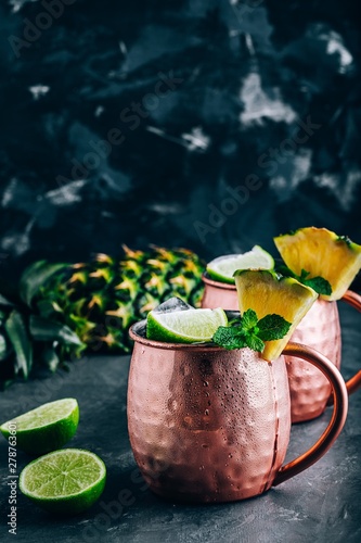 Photography Iced Cold Moscow Mule cocktail with lime and pineapple on dark background