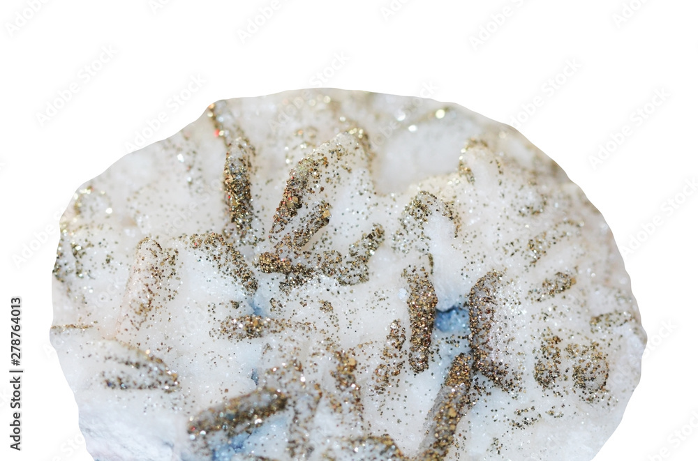 Small shavings pyrite mineral on calcite on white background