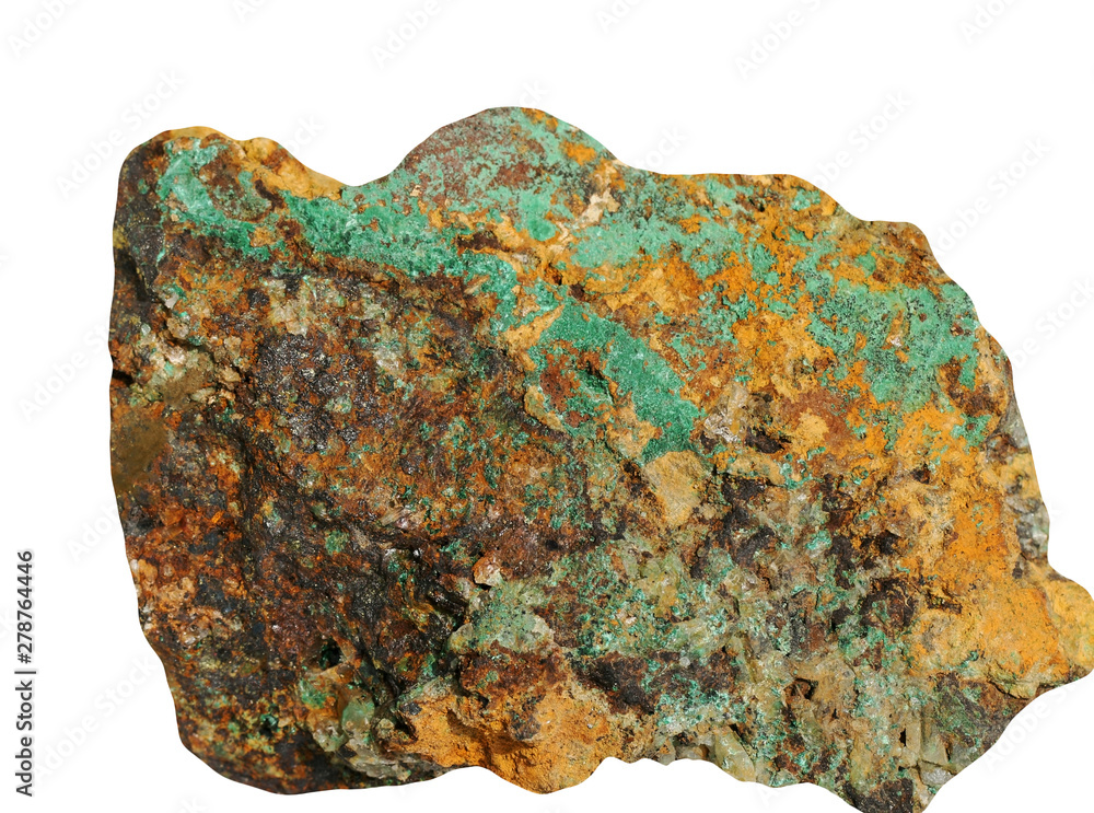 Raw Minerals malachite and magnesite on white background Raw Minerals malachite and magnesite on white background
