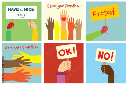 Hands hold banners and phones with different messages. Modern concept for web banners, web sites, infographics. Creative flat design vector illustration