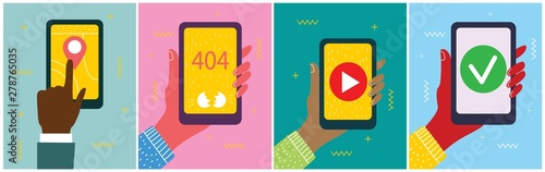 Set of illustrations of hand holding smartphone with new message on screen. Chat, email messaging, sms, mobile concepts for web sites, web banners in modern flat design