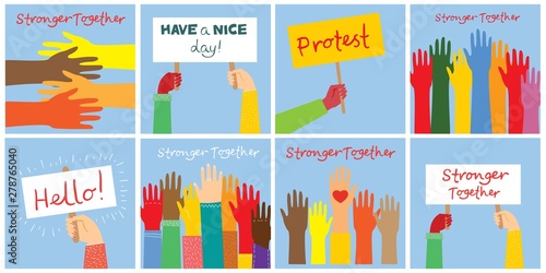 Hands hold banners and phones with different messages. Modern concept for web banners, web sites, infographics. Creative flat design vector illustration