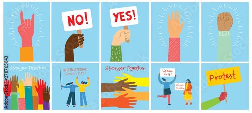 Vector illustration of women activists holding hands together in the flat style. Concept illustration with colored characters. Stronger together