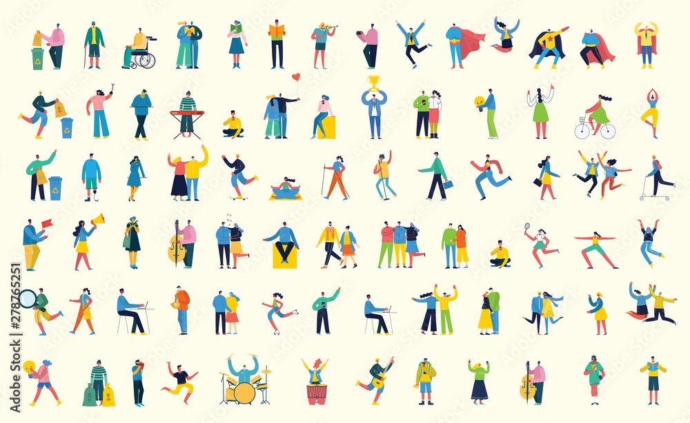 Vector illustration in a flat style of different activities people with smarthones, travelling, dancing, walking, doing business, reading books, playing musical instruments