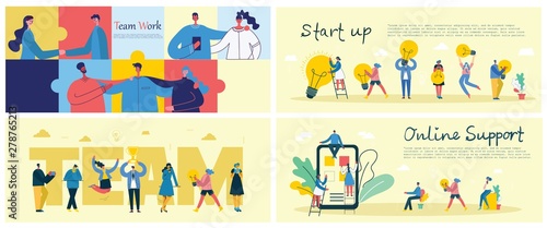 Vector illustration of a office concept. Business people in flat style. Save the planet, Online education, Hashtag, Start up and team work business concept