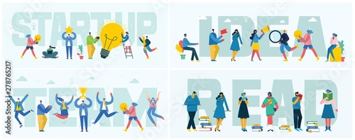 Vector illustration of a office concept. Business people in flat style. Read books, Online education, Hashtag, Start up and team work business concept