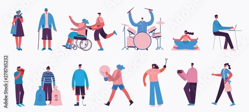 Vector illustration in a flat style of different activities people with smarthones, travelling, disabled people,walking, doing business, reading books, playing musical instruments