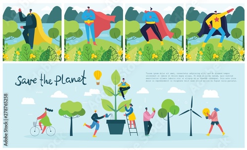 Vector illustration ECO background of Concept of green eco energy and quote Save the planet. Landscape, forest, hills and trees with wind turbines in flat geometric style