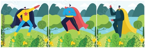 Save the planet. Vector illustration in flat design of men superhero in funny comics costume in the park, near the lake.