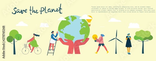 Vector illustration ECO background of Concept of green eco energy and quote Save the planet. Landscape, forest, hills and trees with wind turbines in flat geometric style