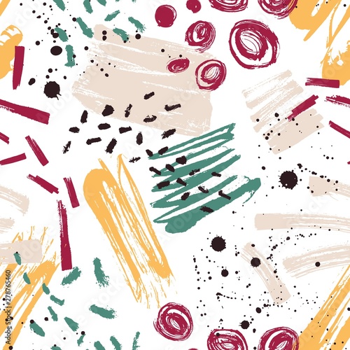 Motley seamless pattern with paint stains, marks, traces, scribble on white background