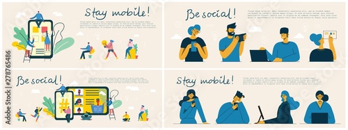 Be social! Stay mobile! Vector illustration of group of young people characters chatting, using smartphone for Website or Web Page. Concept of virtual communication and social network page.