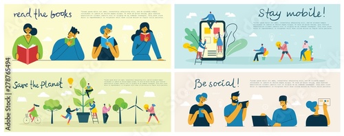 Vector illustrations of the social concept of people in the flat style. Save the planet, Read the books, Be social, Stay mobile concept backgrounds