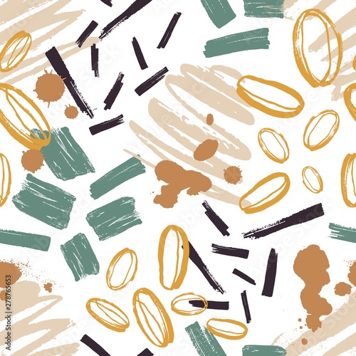 Abstract seamless pattern with paint marks, traces, smudges, scribble on white background. Modern vector illustration in rough grunge style for wrapping paper, wallpaper, textile print, wallpaper.